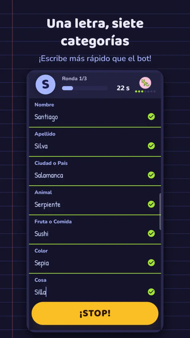 Inicio Captura de pantalla de Bachillerato Stop, juego de palabras para Android