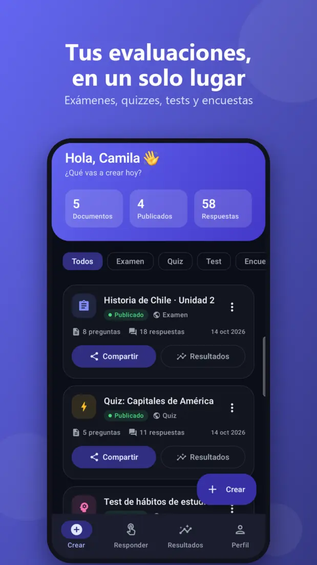 Inicio Captura de pantalla de Create Test Quiz, app para crear exámenes y encuestas